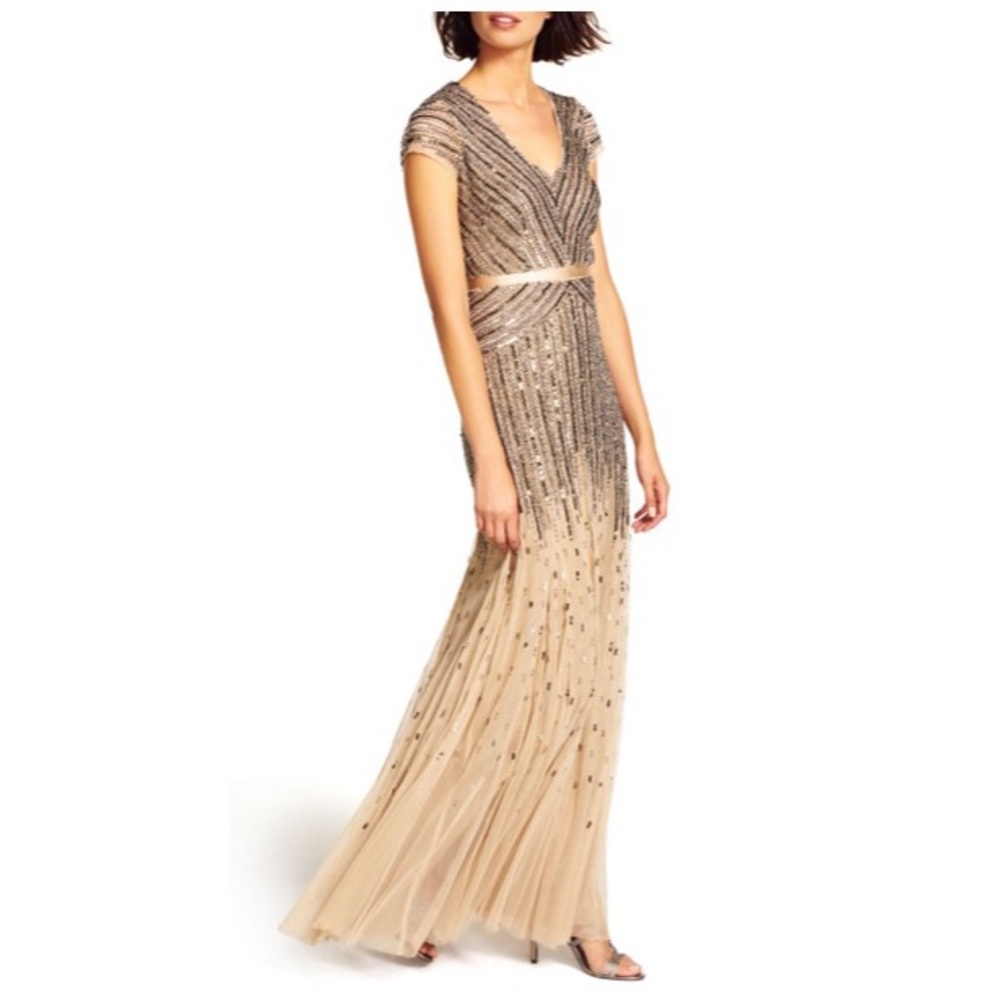 Adrianna Papell Cap sleeve v-neck beaded nude gown